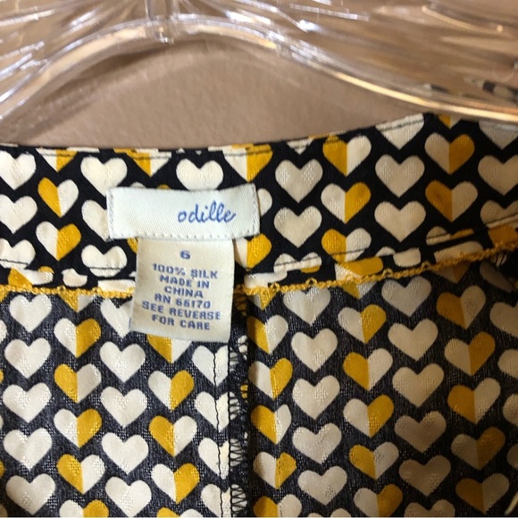 Anthropologie Odille Heart Print Tie Neck Silk Top Yellow White 6 - Picture 3 of 6